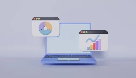Laptop with statistic graph windows, marketing strategy, business analysis Stock Illustration