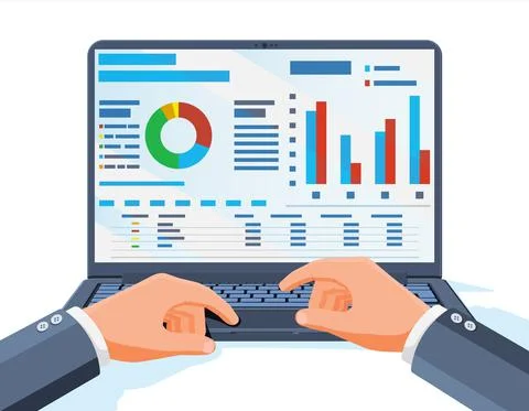 Laptop with statistical or analytical information. Illustrazione stock
