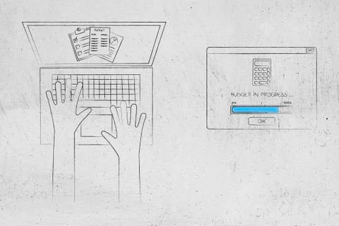 Laptop with stats documents on the screen next to budgeting in progress pop-u Illustrazione stock