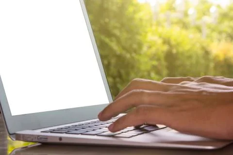 Laptop on stone table Stock Photos