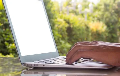 Laptop on stone table Stock Photos