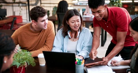 Laptop, study and group with people in college for research, tutor session or Stock Footage 336322704