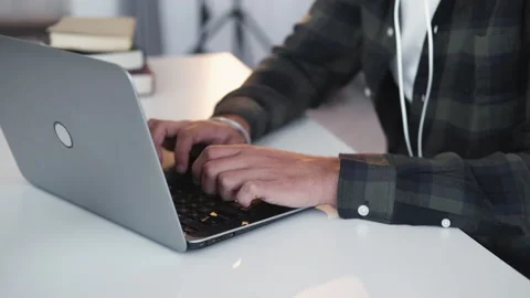 Laptop study online learning man hands typing desk Stock Footage 194626823