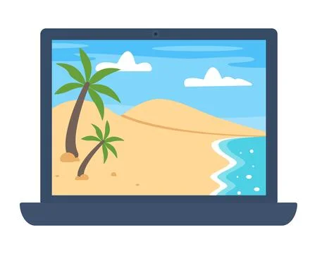 Laptop with summer beach on screen. Vector illustration Stock Illustration