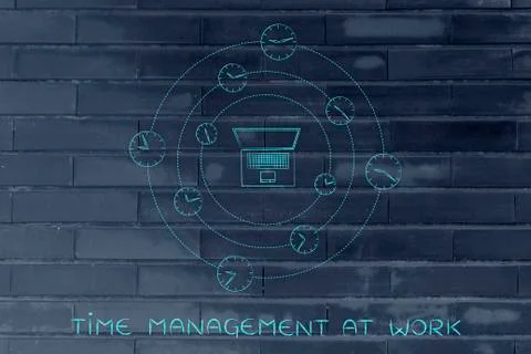 Laptop surrounded by clock, working overtime 스톡 일러스트
