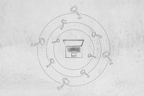 Laptop surrounded by spinning keys, safe passwords Stock Illustration