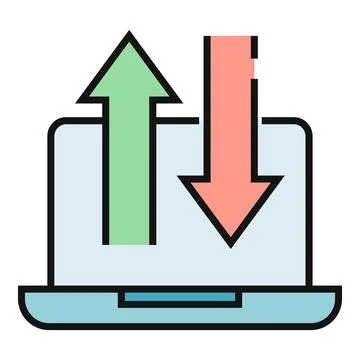 Laptop synchronizing data, uploading and downloading files Illustrazione stock