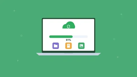 Laptop syncing files with the cloud with progress bar and file icons, green 動画素材 342594287