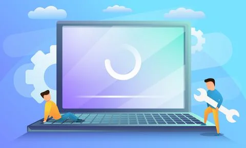 Laptop system update concept banner, cartoon style Stock Illustration