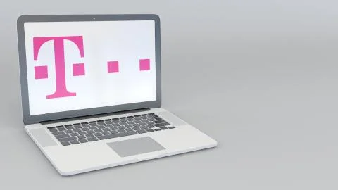 Laptop with T-Mobile logo. Computer technology conceptual editorial 3D rendering Stock-Illustration