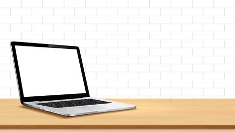 Laptop on table against white wall Illustrazione stock