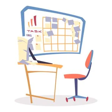 Laptop on Table and Task Board with Paper Stickers 스톡 일러스트