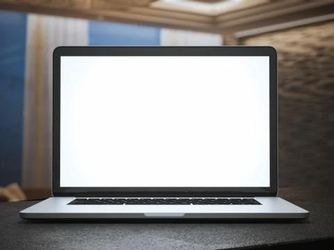 Laptop on table in home interior. 3d rendering 库存插图