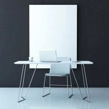 Laptop on table in interior with black wall 스톡 일러스트