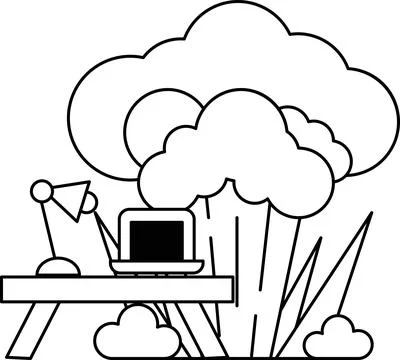 A laptop is on a table next to a large tree Stock Illustration