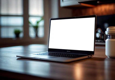 Laptop on a table with a white screen. computer in the apartment. Stock Illustration