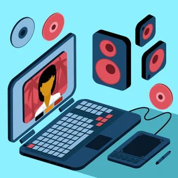 Laptop with tablet and columns on table Stock Illustration