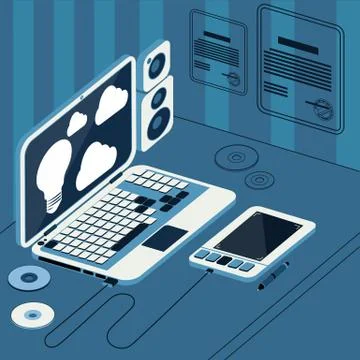 Laptop with tablet and columns on table Stock Illustration