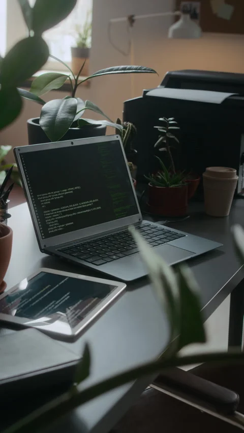 Laptop, Tablet and Printer on Desk with Plants in Office Stock Footage 306208242