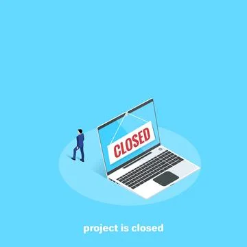 Laptop with a tablet closed and a man in a business suit leaving him, an isom 스톡 일러스트