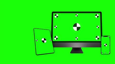 Laptop, tablet computer, smartphone with green screens. 3D animation for Illustrazione stock