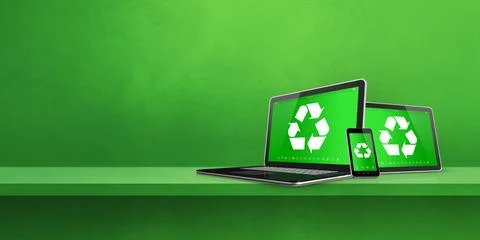 Laptop, tablet PC and smartphone on a shelf with a recycle symbol on screen.. Illustrazione stock