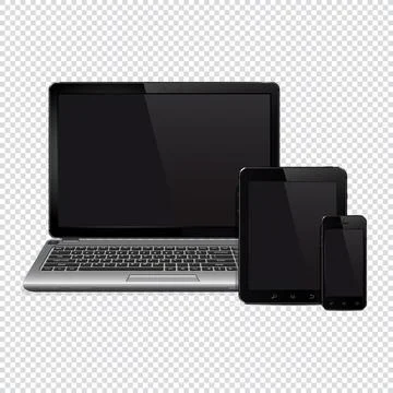 Laptop, tablet pc computer and mobile phone isolated on transparent backgroun Illustrazione stock