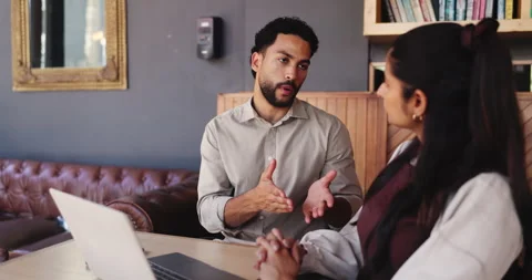 Laptop, talking and people in cafe, teamwork for creative project and ideas for Stock Footage 330041724