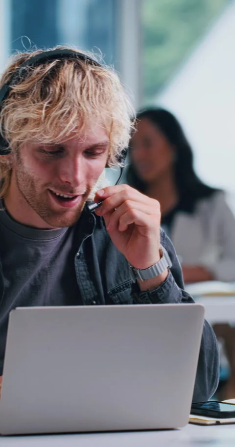 Laptop, talking or man in call center for technical support, network solution or Stock Footage 333460095