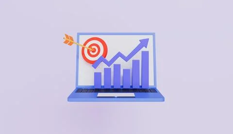 Laptop with target and dart hitting the bullseye, a graph indicating upward Stock Illustration
