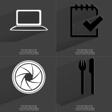 Laptop, Task completed icon, Lens, Fork and knife. Symbols with long shadow. Fla Illustrazione stock