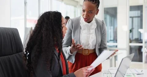 Laptop, team and concern with paperwork in office for auditing error, problem Stock Photos