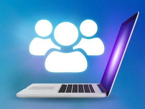 Laptop with team icon on a blue background Illustrazione stock