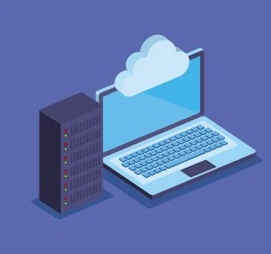 Laptop technology with cloud data and hard storage tower Illustrazione stock
