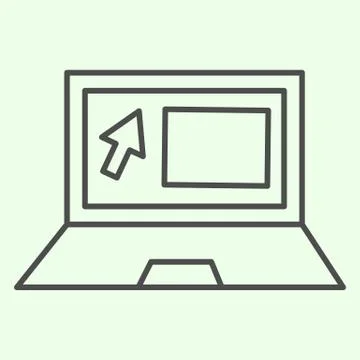 Laptop thin line icon. Office Notebook with mouse cursor and website on monitor Stock Illustration
