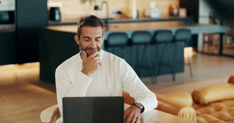 Laptop, thinking or man in home for remote work, problem solving or planning Stock Footage 303610951
