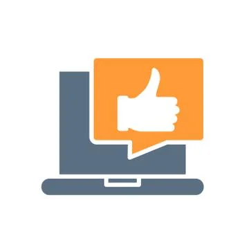 Laptop with thumb up in speech bubble colored icon. User feedback, message with Stock Illustration
