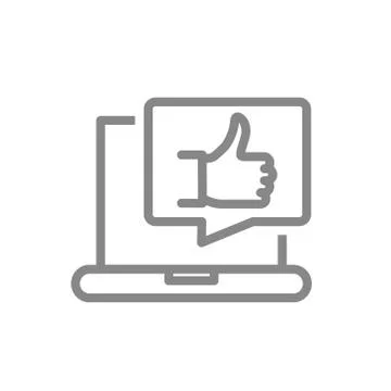 Laptop with thumb up in speech bubble line icon. User feedback, message with Illustrazione stock