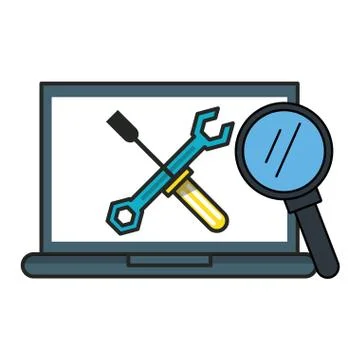 Laptop with tools and magnifying glass Illustrazione stock