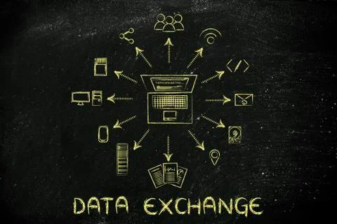 Laptop transferring files to cloud computing services &amp; devices, data exchang Illustrazione stock