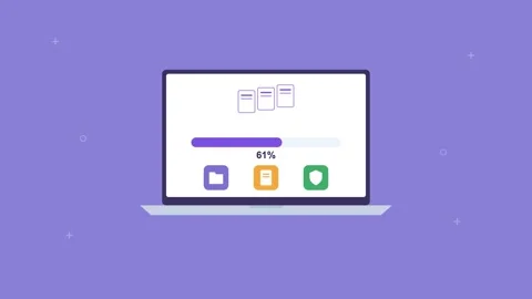 Laptop transferring files to the cloud with a progress bar, violet Vídeos de archivo 342594476