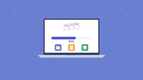 Laptop transferring files to the cloud with a progress bar, indigo Vidéo 342594505