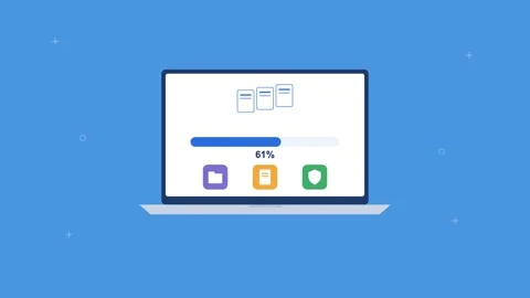 Laptop transferring files to the cloud with a progress bar, blue Видео 342594523