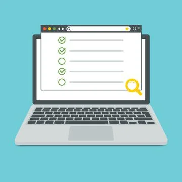Laptop in trendy flat style with browser window. Checklist check mark checkbox Stock Illustration