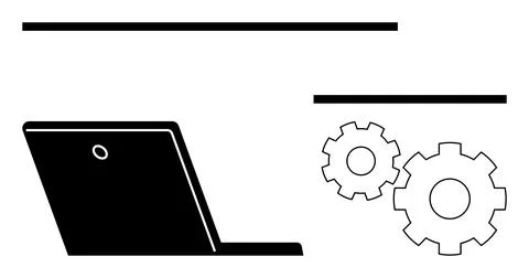 Laptop with two gears representing technology integration and teamwork. Ideal Stock Illustration