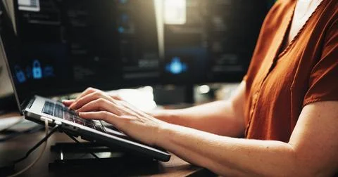 Laptop, typing and developer with hands of person in office for web program.. Stockfoto's