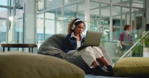 Laptop, typing and online class with woman in college for research, headphones Stock Footage 312315025