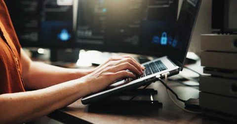 Laptop, typing and programmer with hands of person in office for web develo.. Foto stock