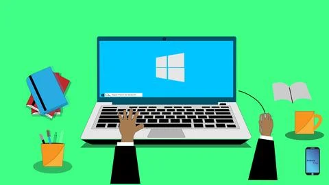 Laptop typing concept. hand typing on laptop keyboard with blank screen ill.. 스톡 일러스트