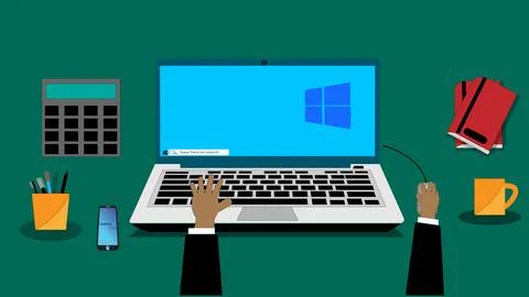 Laptop typing concept. hand typing on laptop keyboard with blank screen ill.. 스톡 일러스트